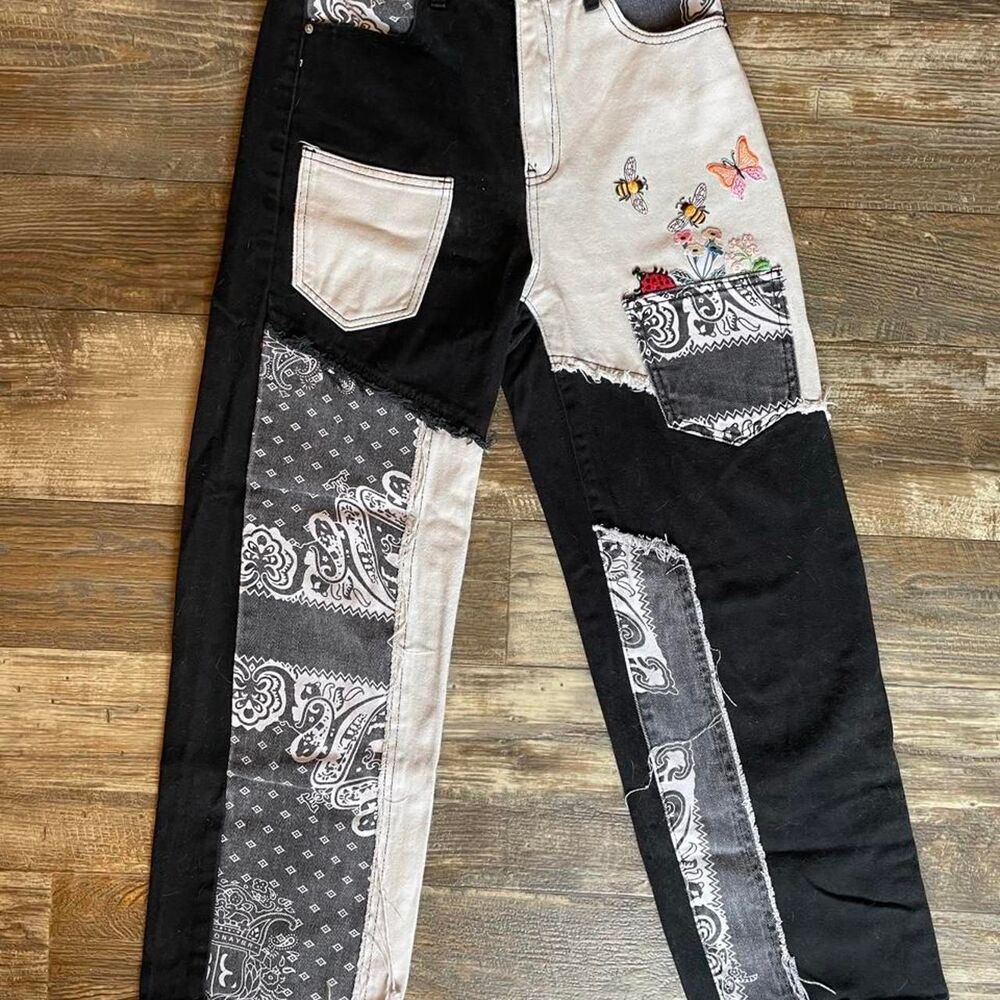 SHEIN black & white patchwork jeans with floral and insect embroidery